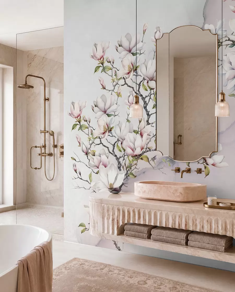 wall murals Цвјетају дрвеће магнолије на мермерној позадини u96114