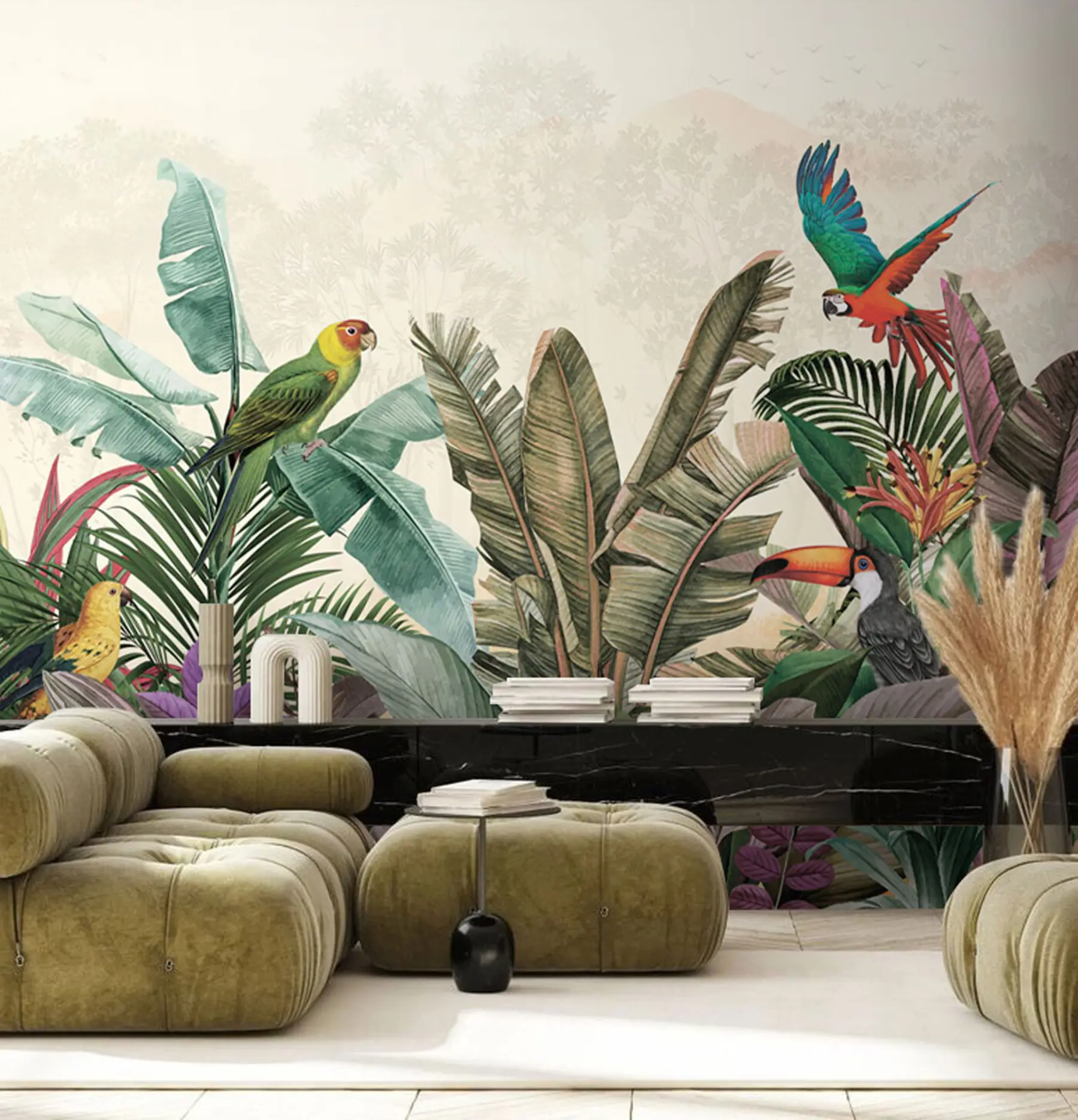 wall murals Винтаге тропске птице папагај у тропским листовима u96144