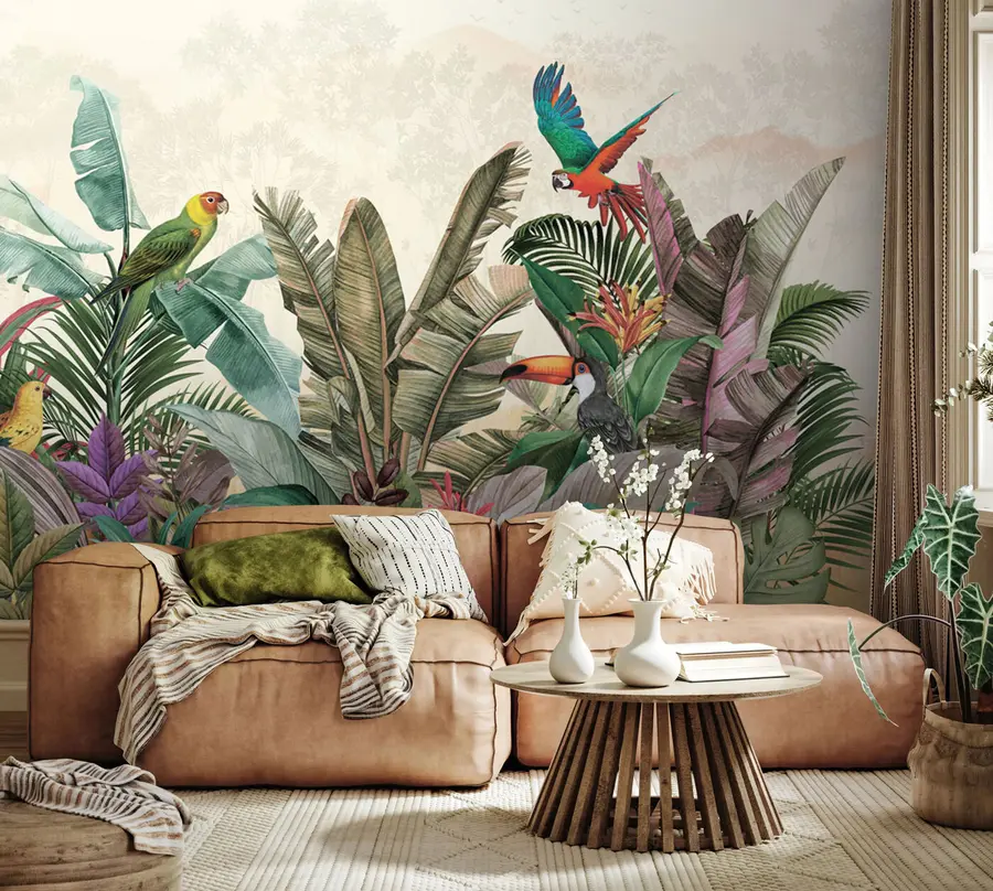 wall murals Винтаге тропске птице папагај у тропским листовима u96144