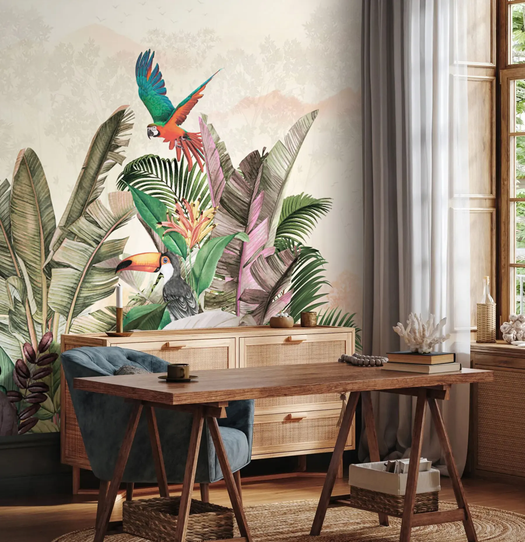 wall murals Винтаге тропске птице папагај у тропским листовима u96144