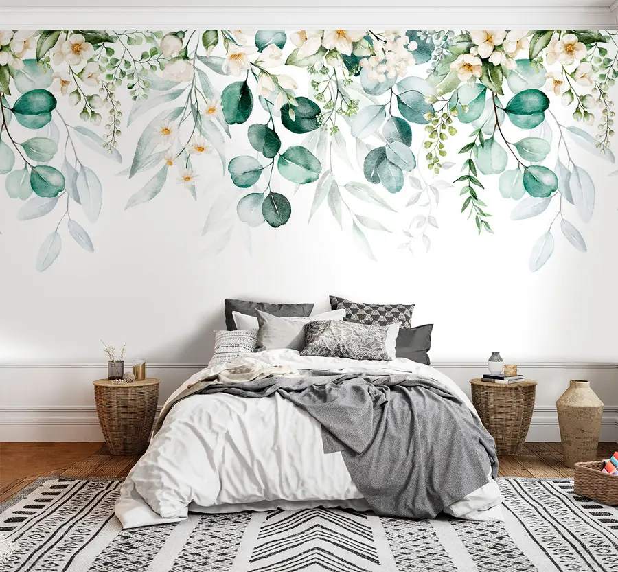 wall murals Илустрација са зеленим листовима, белим цвећем, божуром и гранама u96063