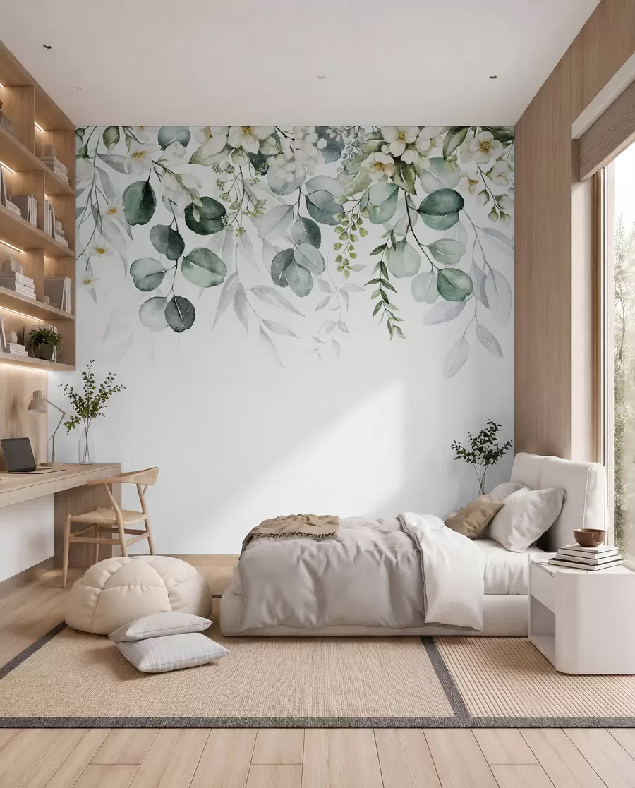 wall murals Илустрација са зеленим листовима, белим цвећем, божуром и гранама u96063
