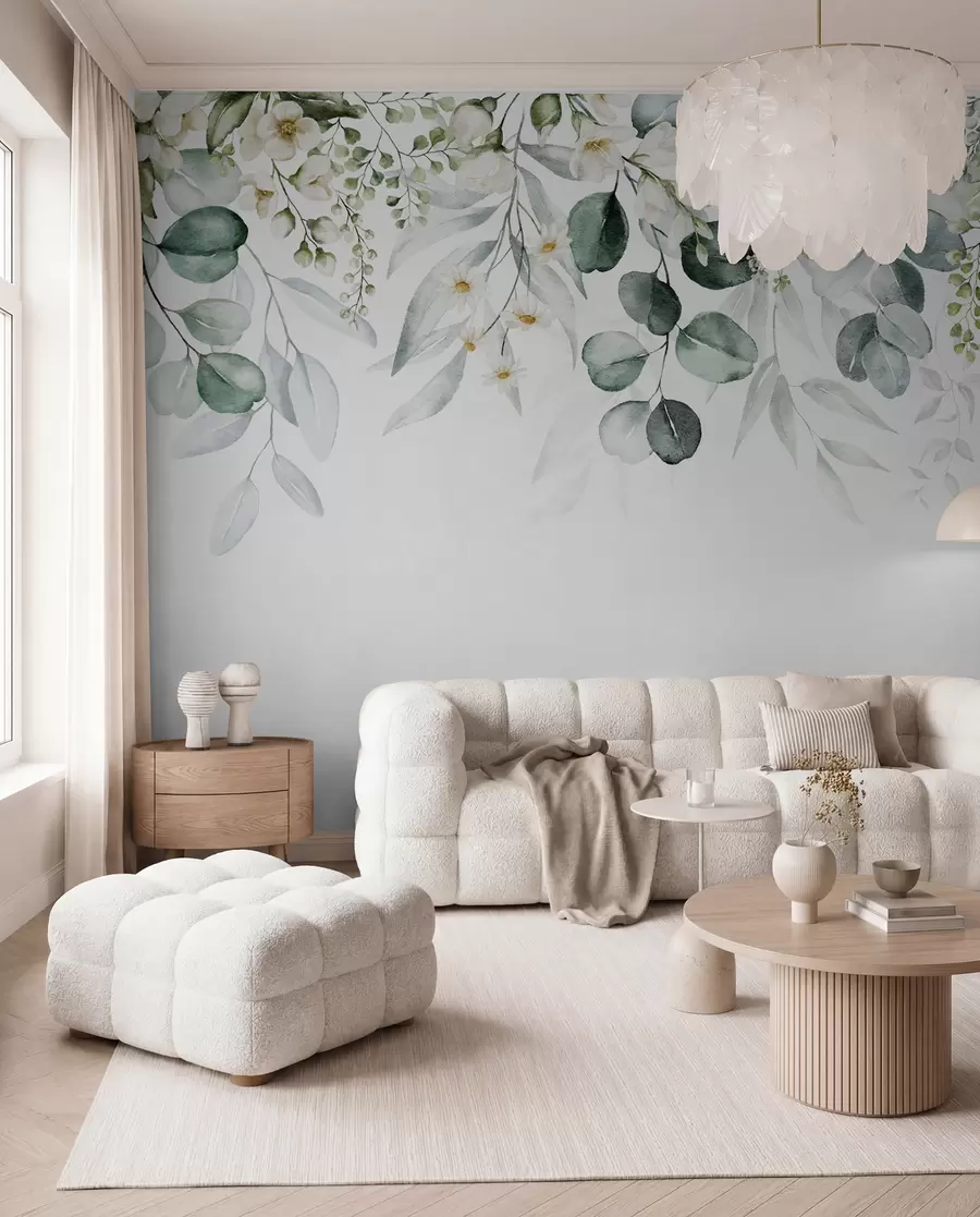 wall murals Илустрација са зеленим листовима, белим цвећем, божуром и гранама u96063