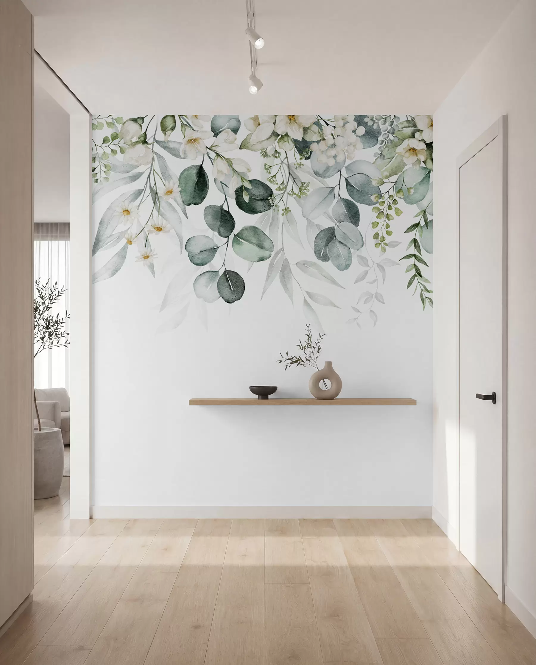 wall murals Илустрација са зеленим листовима, белим цвећем, божуром и гранама u96063