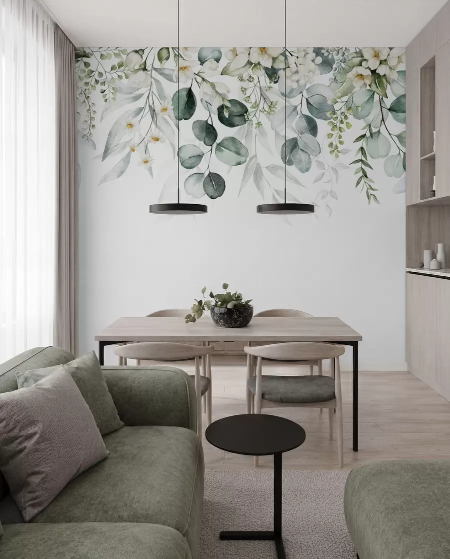 wall murals Илустрација са зеленим листовима, белим цвећем, божуром и гранама u96063