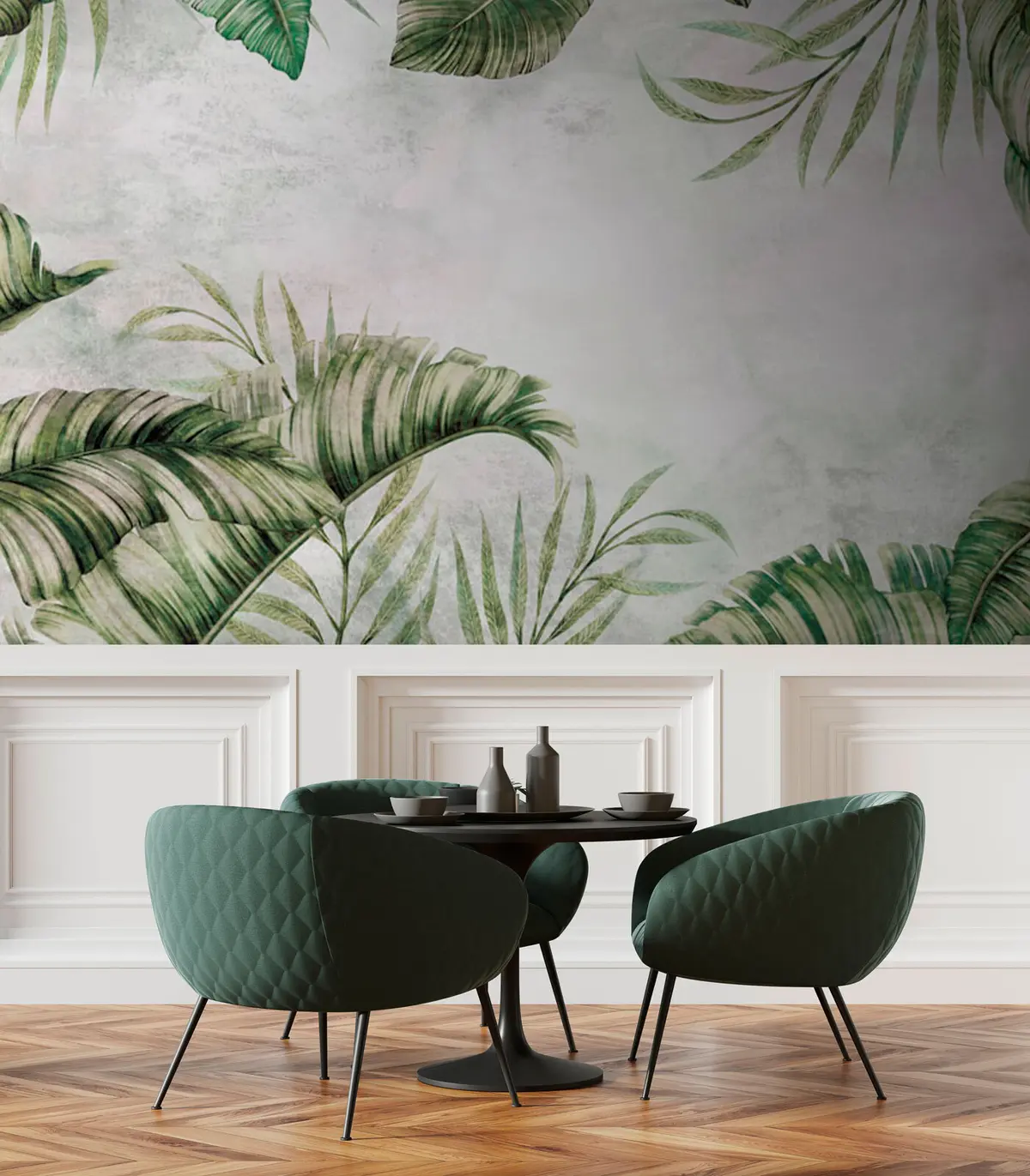 wall murals Велики тропски листови на мермерном зиду u95261