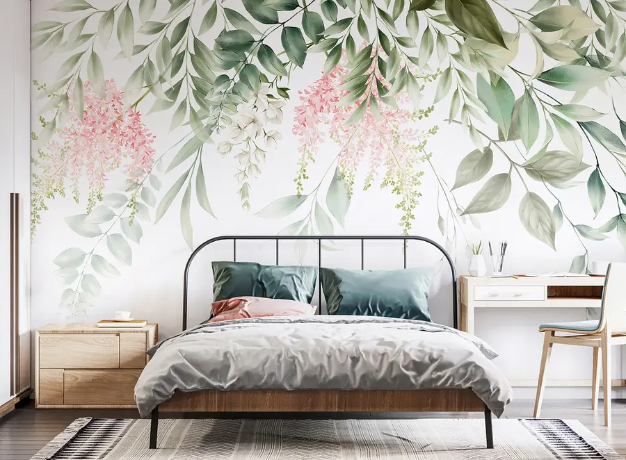 wall murals Лишће са ружичастим цвећем u95923