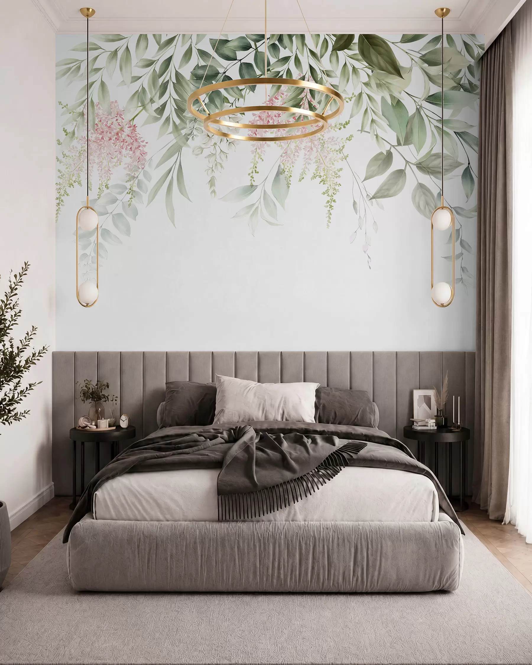 wall murals Лишће са ружичастим цвећем u95923