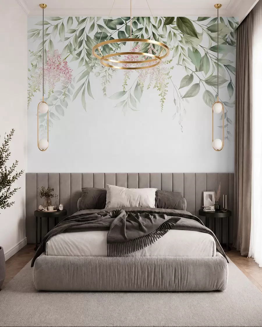 wall murals Лишће са ружичастим цвећем u95923