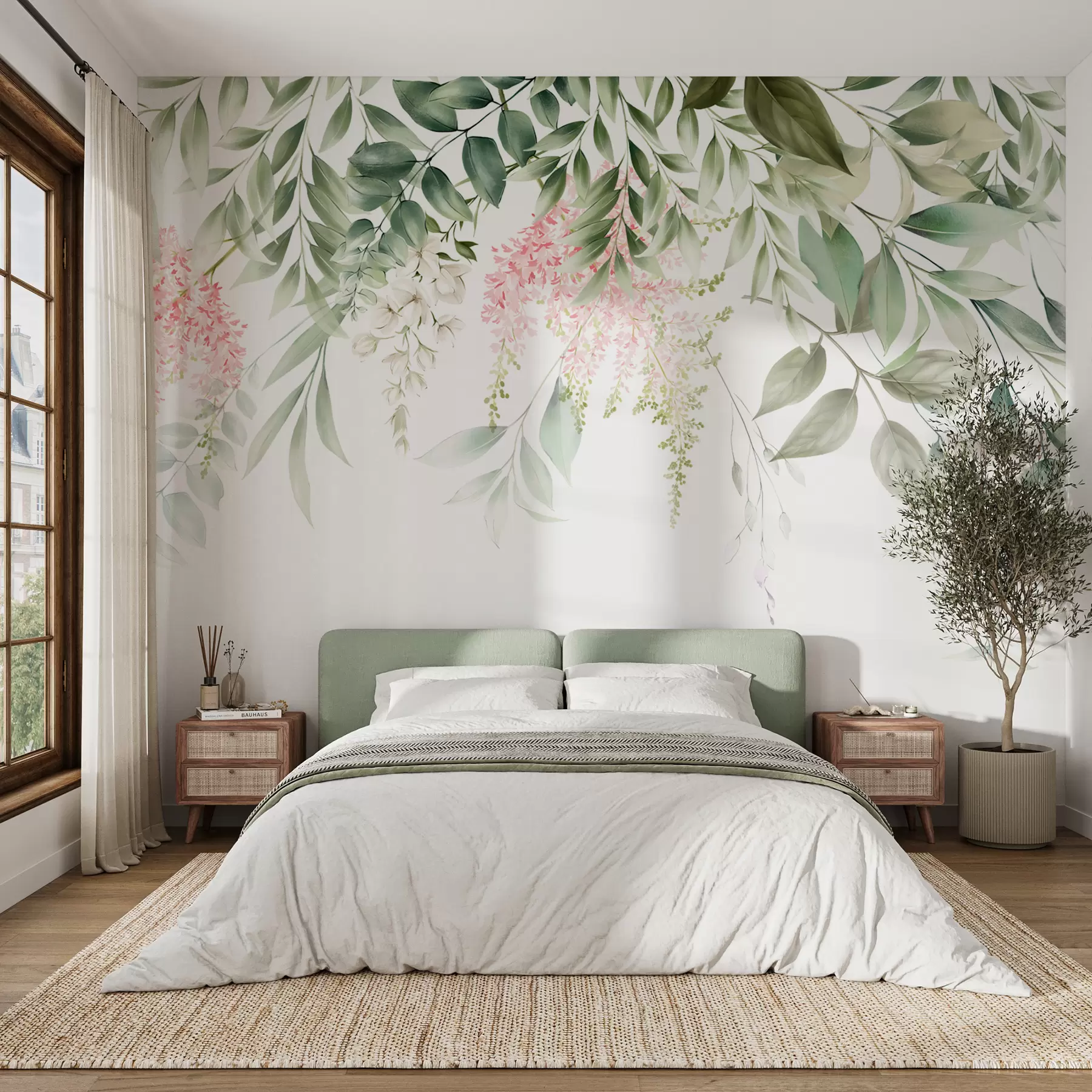 wall murals Лишће са ружичастим цвећем u95923