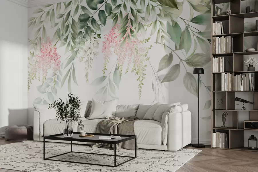 wall murals Лишће са ружичастим цвећем u95923