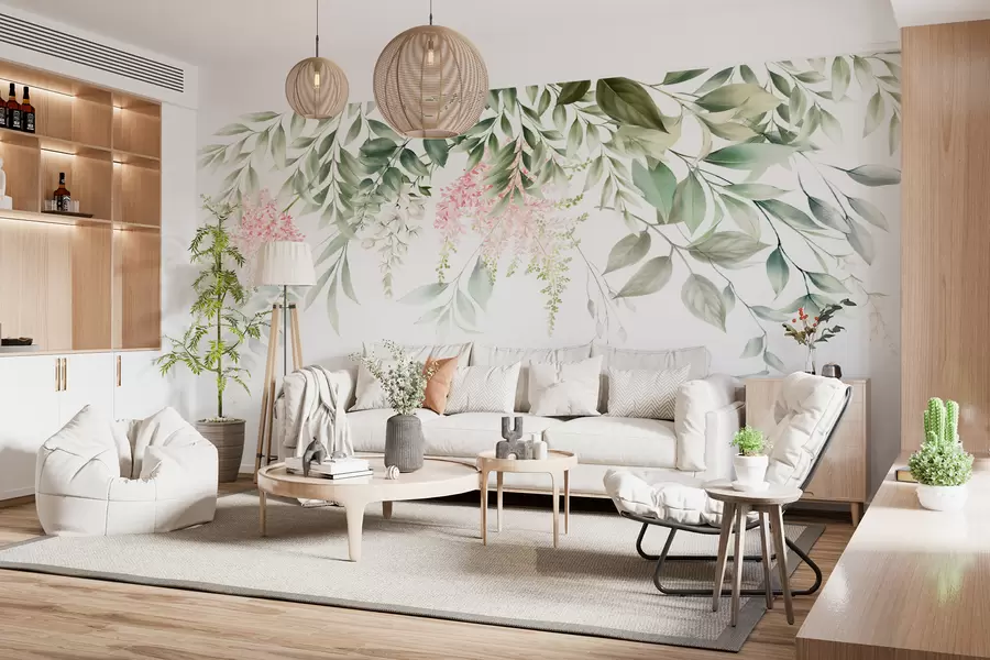 wall murals Лишће са ружичастим цвећем u95923