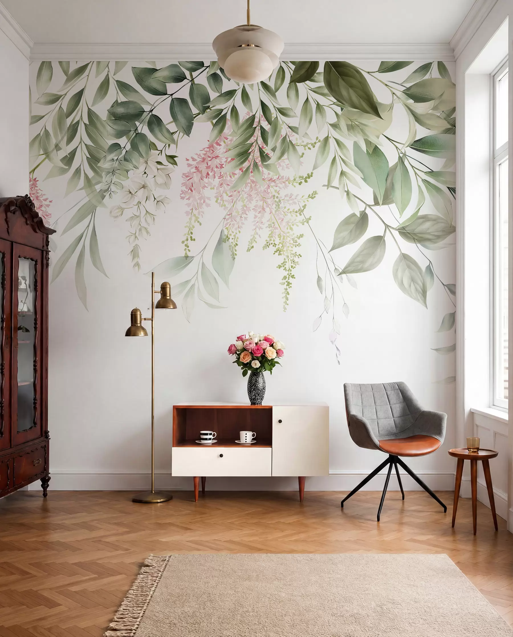 wall murals Лишће са ружичастим цвећем u95923
