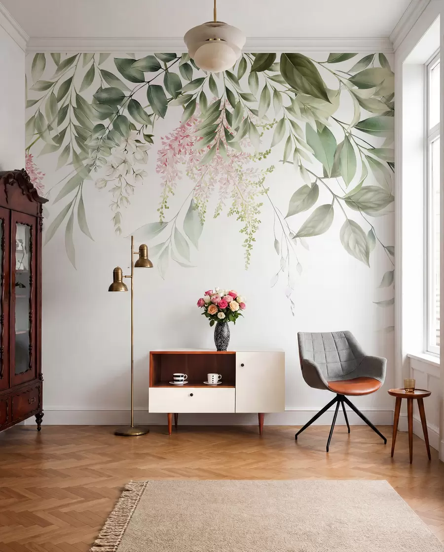 wall murals Лишће са ружичастим цвећем u95923