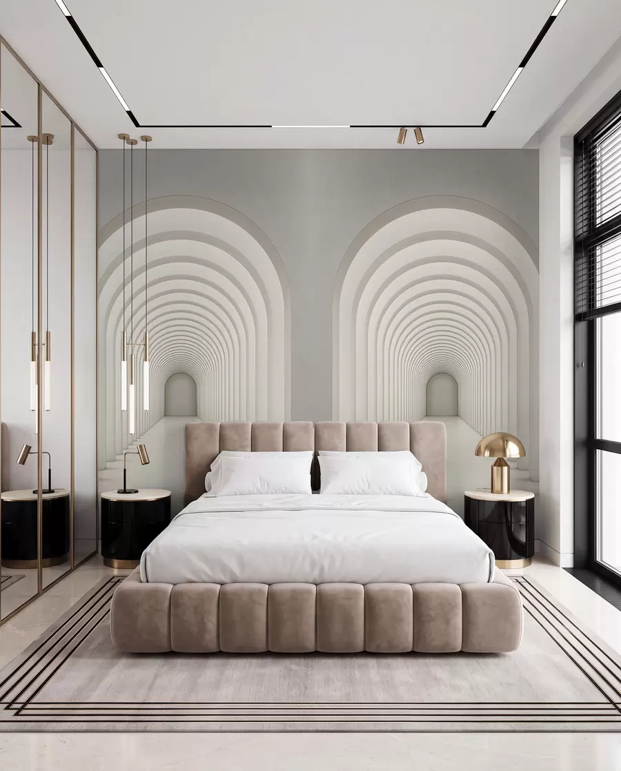 wall murals Бели бетонски лук је постројен у дугу линију са светлошћу u96604
