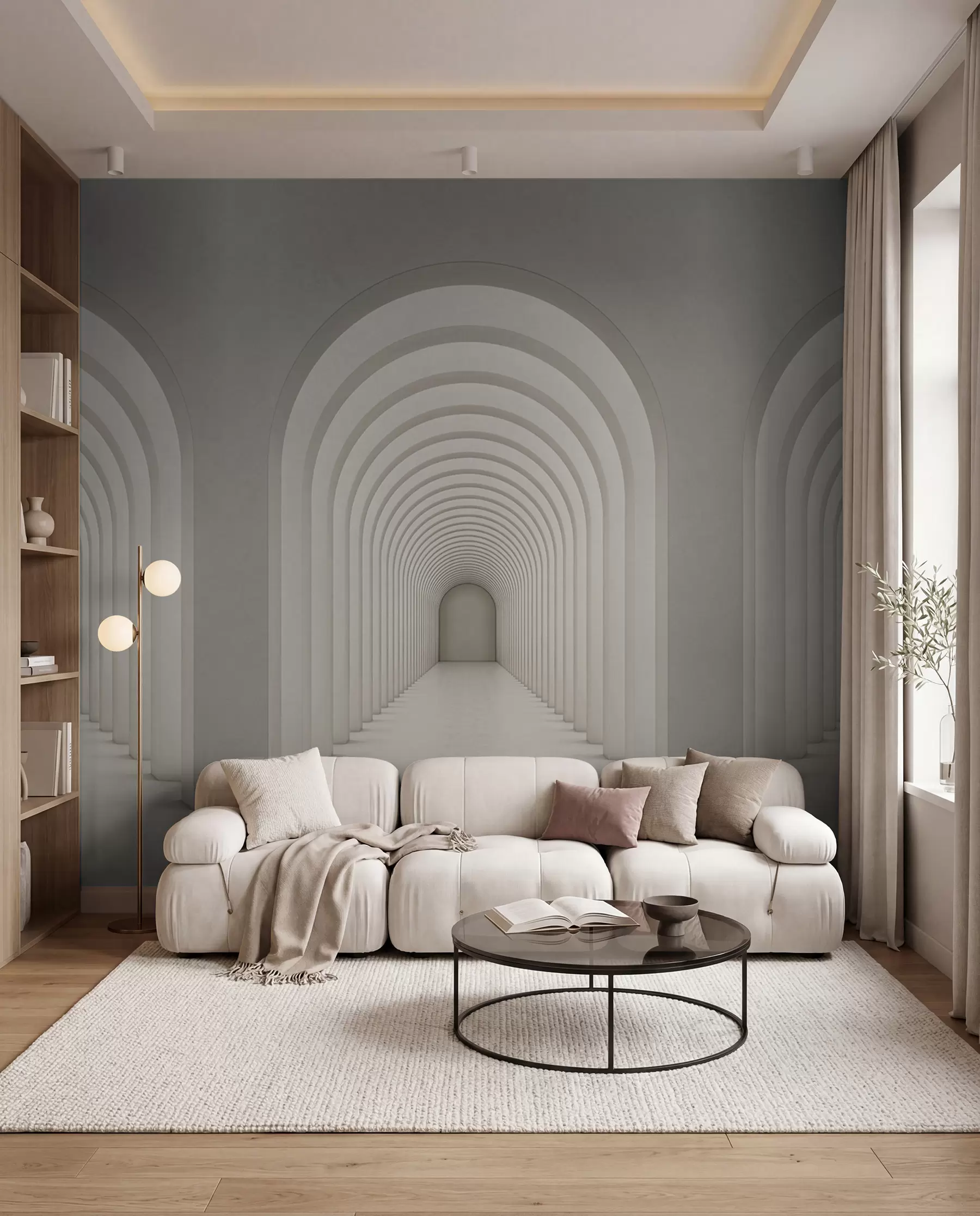 wall murals Бели бетонски лук је постројен у дугу линију са светлошћу u96604