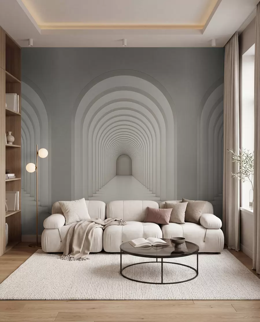 wall murals Бели бетонски лук је постројен у дугу линију са светлошћу u96604