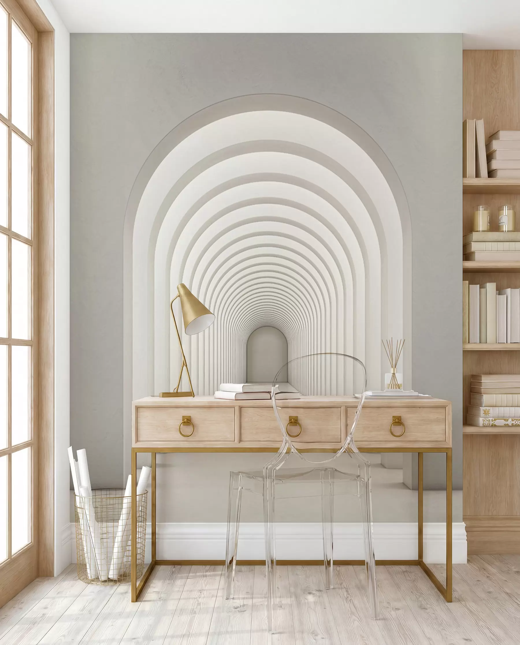 wall murals Бели бетонски лук је постројен у дугу линију са светлошћу u96604