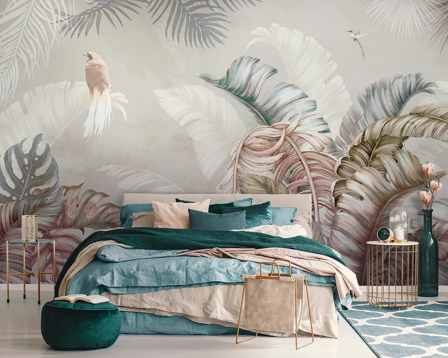 wall murals Тропска илустрација са листовима и птицама Палм Банана u96254