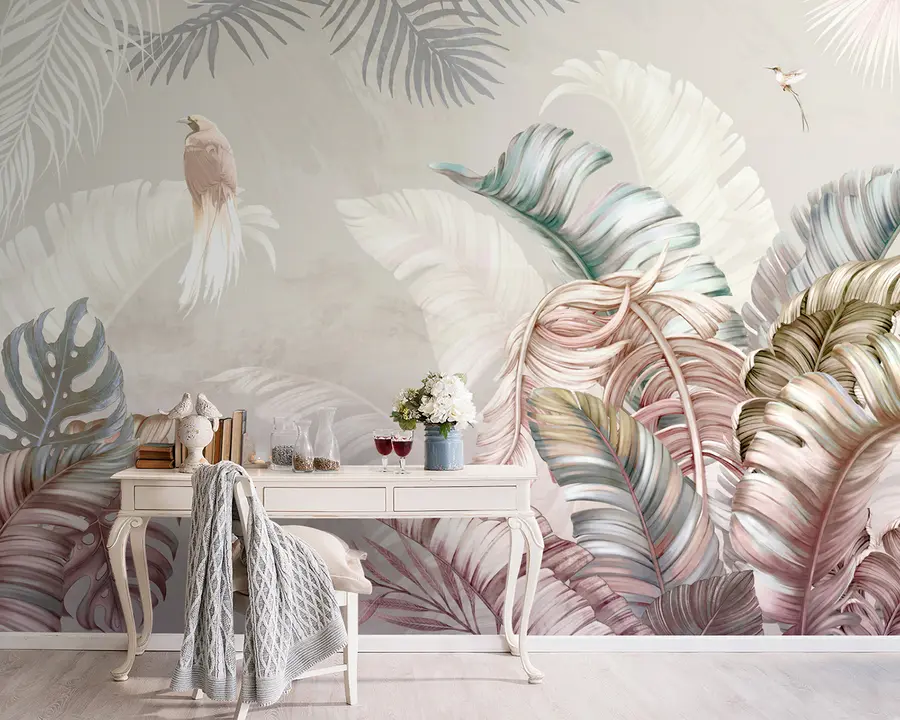 wall murals Тропска илустрација са листовима и птицама Палм Банана u96254