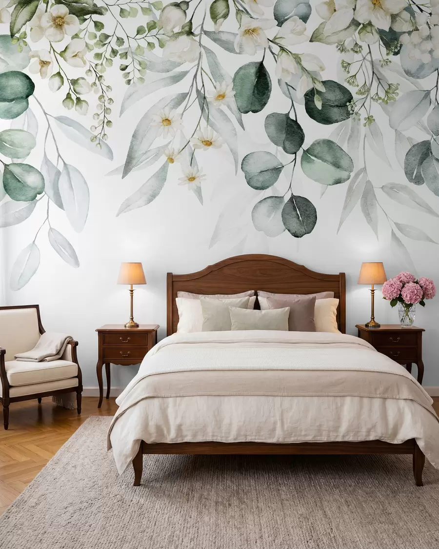 wall murals Водене плоче зелене лишће са цвећем u96336