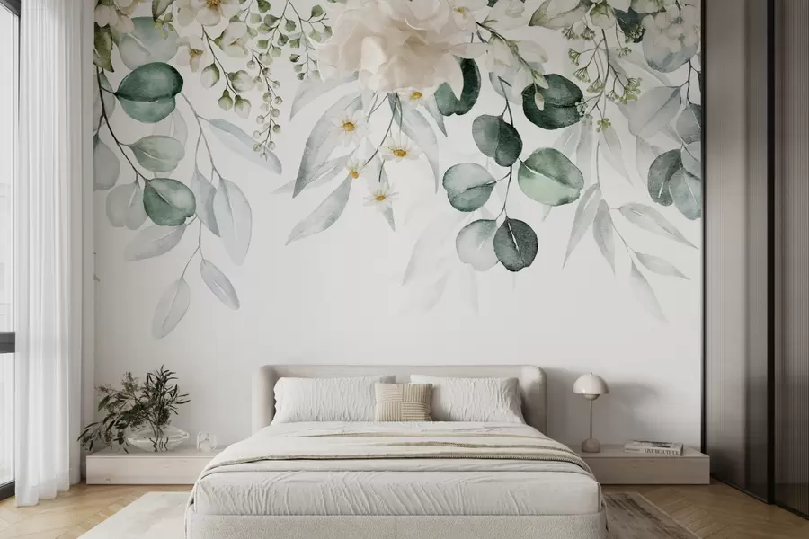 wall murals Водене плоче зелене лишће са цвећем u96336