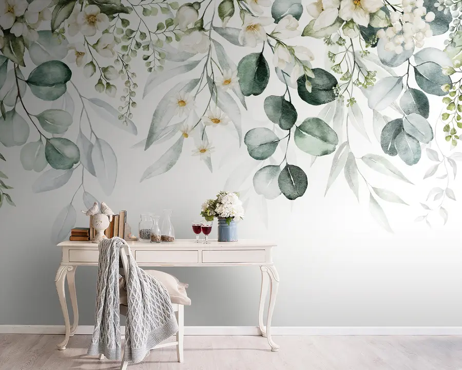 wall murals Водене плоче зелене лишће са цвећем u96336