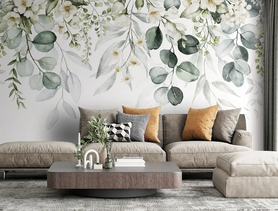 wall murals Водене плоче зелене лишће са цвећем u96336