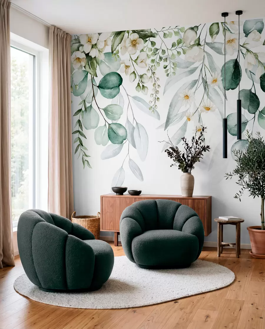 wall murals Водене плоче зелене лишће са цвећем u96336
