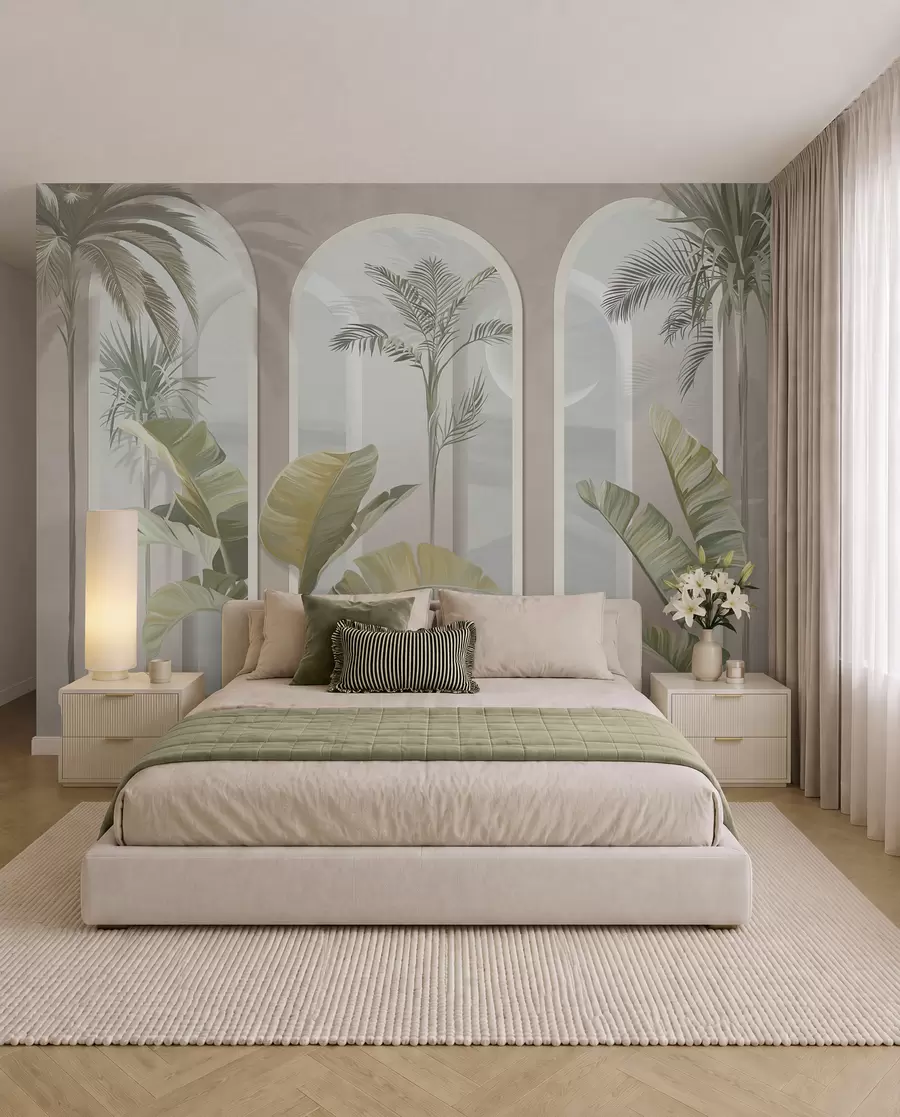 wall murals Тропски 3Д лишће длановима и стубовима u96402