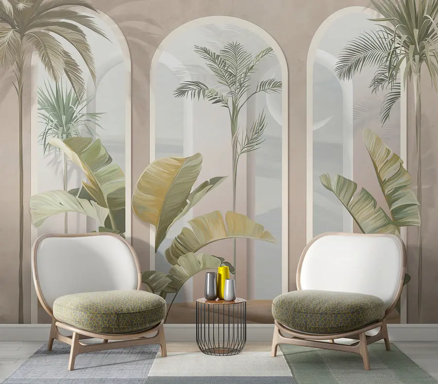 wall murals Тропски 3Д лишће длановима и стубовима u96402