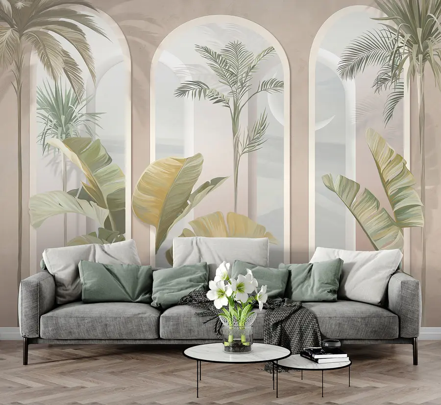 wall murals Тропски 3Д лишће длановима и стубовима u96402