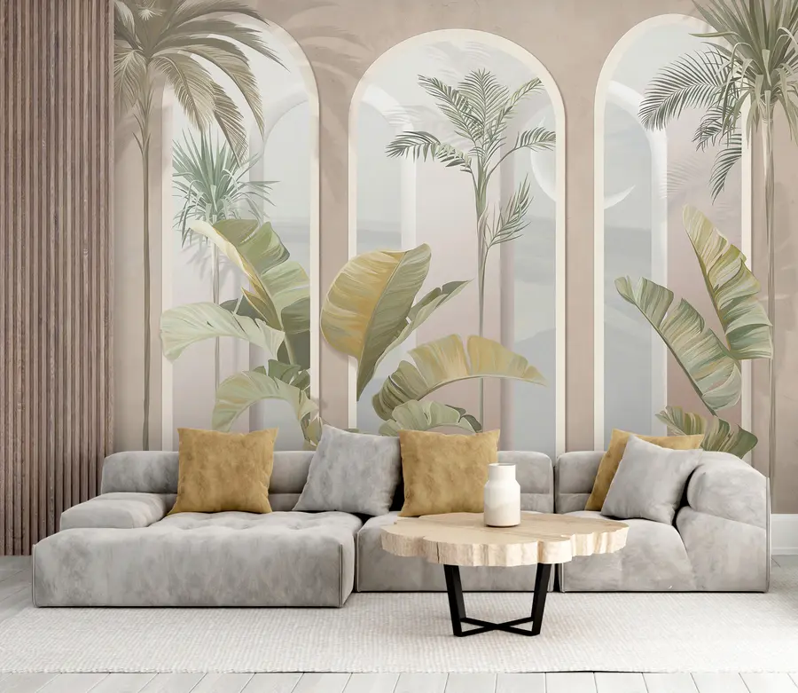 wall murals Тропски 3Д лишће длановима и стубовима u96402