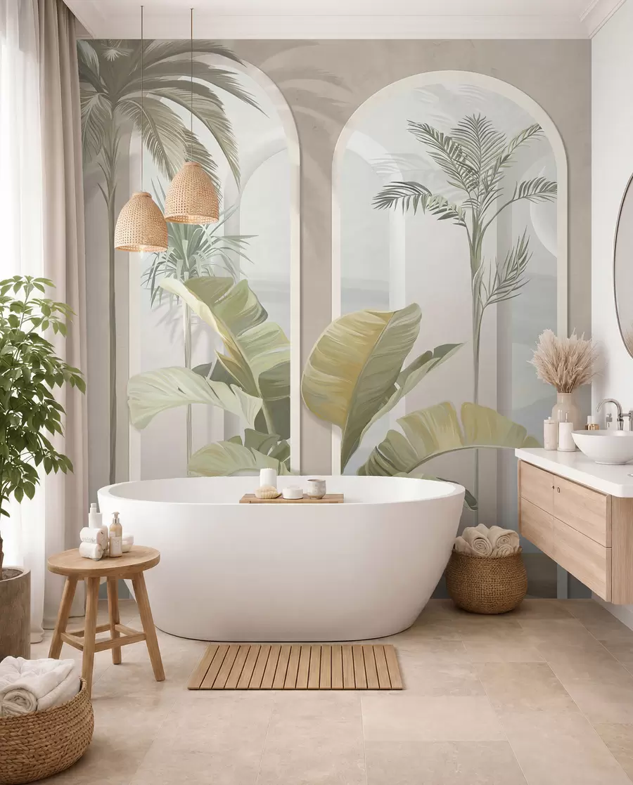 wall murals Тропски 3Д лишће длановима и стубовима u96402