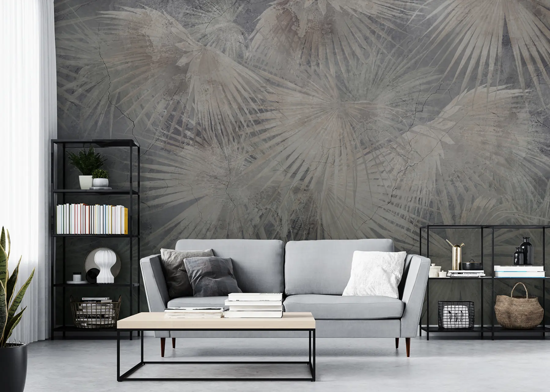 wall murals Егзотично тропско лишће на грунге бетонском зиду u96540