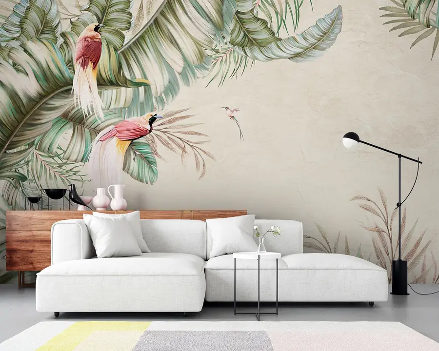 wall murals Тропске биљке и птице на текстурираној позадини u96550