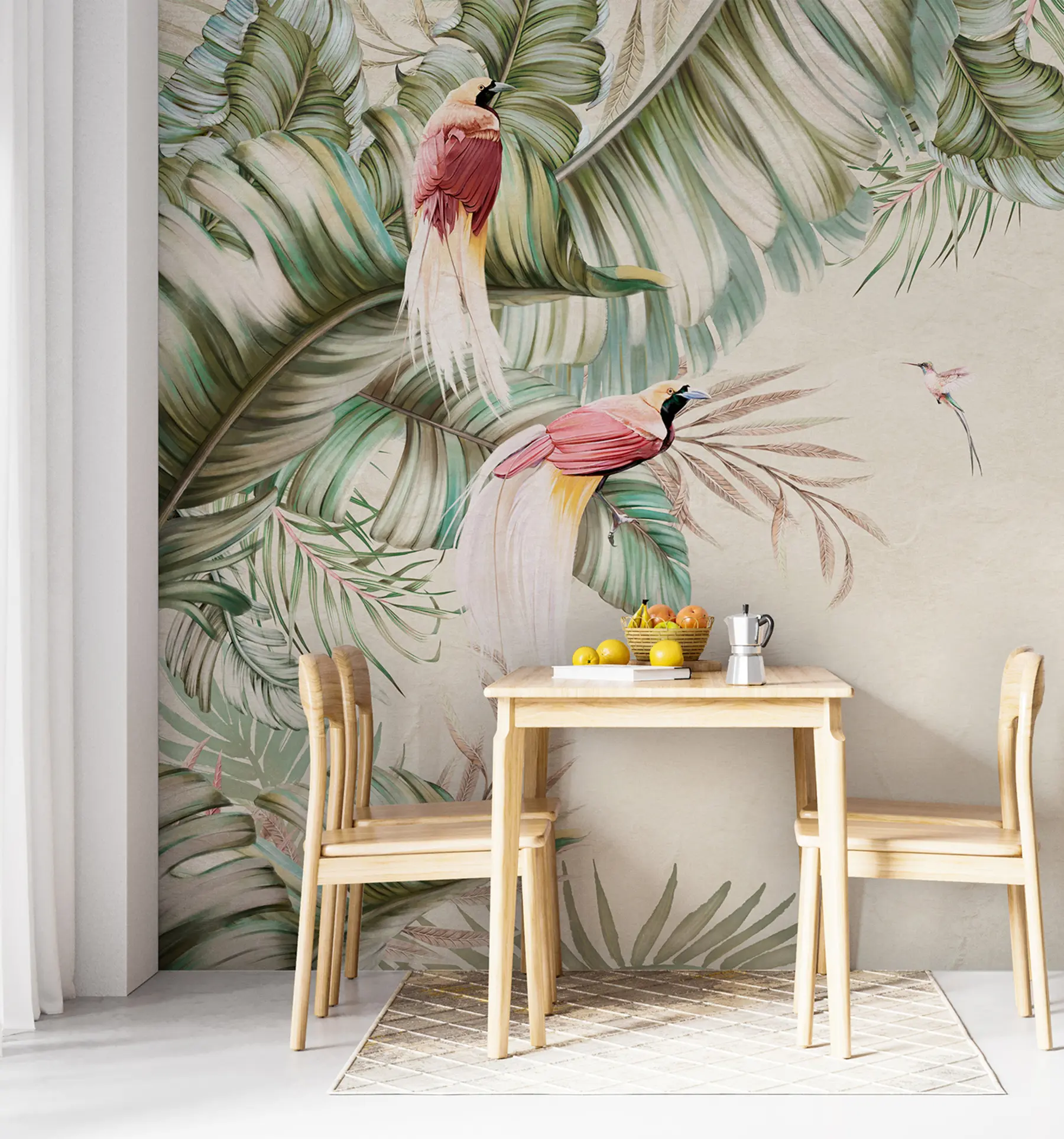 wall murals Тропске биљке и птице на текстурираној позадини u96550