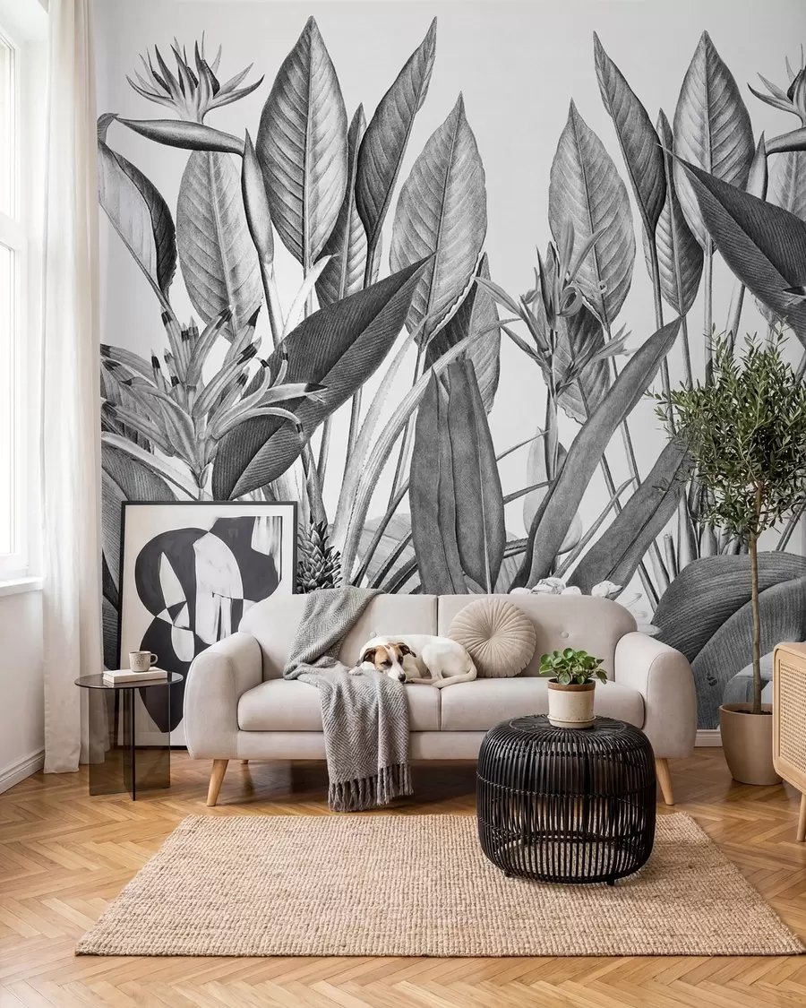 wall murals Биљке тропске џунгле Црно-бела боја u96833