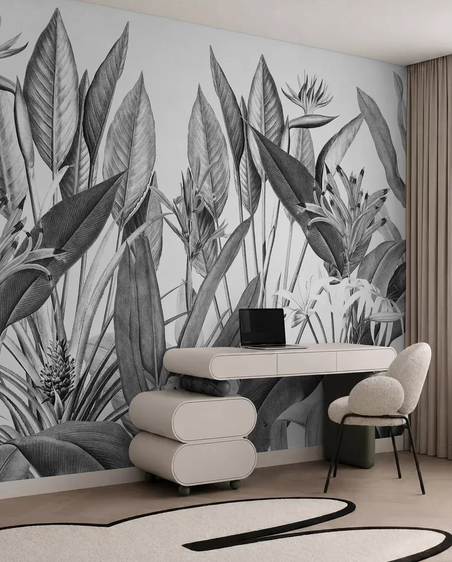 wall murals Биљке тропске џунгле Црно-бела боја u96833