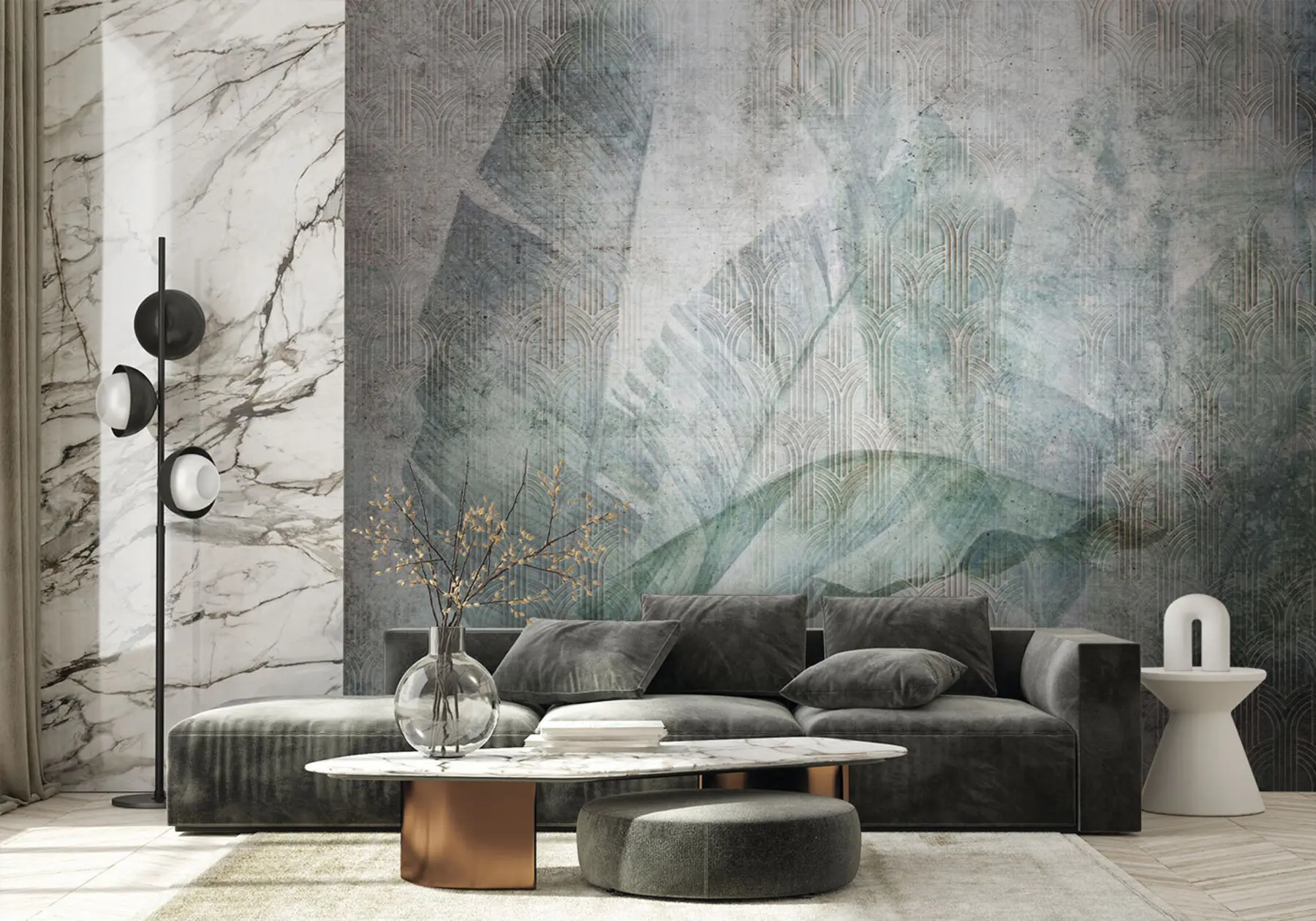wall murals Велика зелена банана лишће и мермерне текстуре u96927