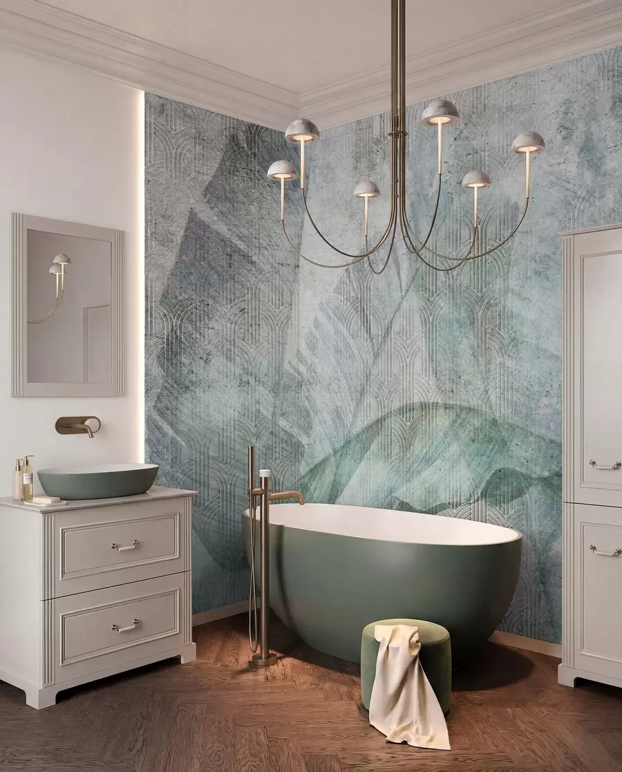 wall murals Велика зелена банана лишће и мермерне текстуре u96927