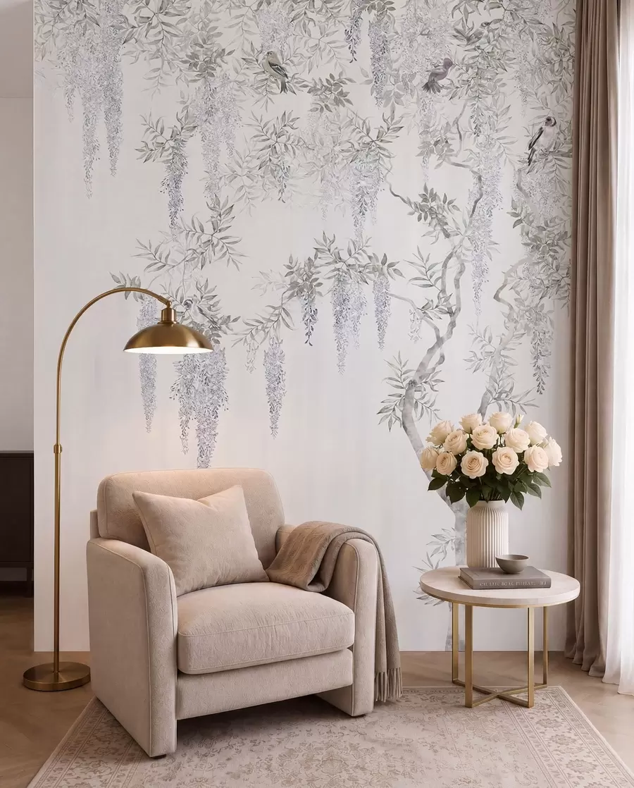 wall murals Цвеће Вистериа, Вистериа, минимализам, једнобојна, поткровље и јапански стил u96928