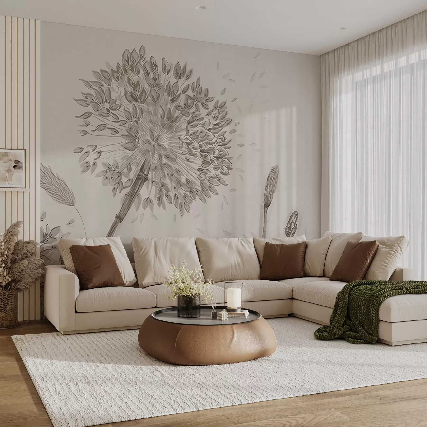 wall murals Велика ливада цвеће маслачких маслачких монохроме стил минимализам u96934