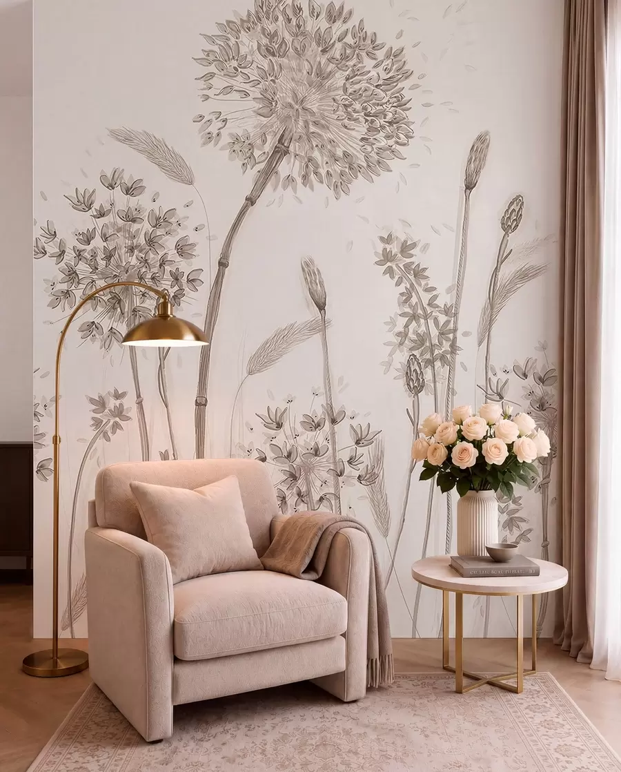 wall murals Велика ливада цвеће маслачких маслачких монохроме стил минимализам u96934
