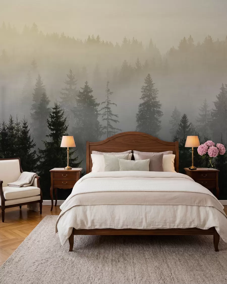 wall murals Тамна смрека силуета окружена магле u96999