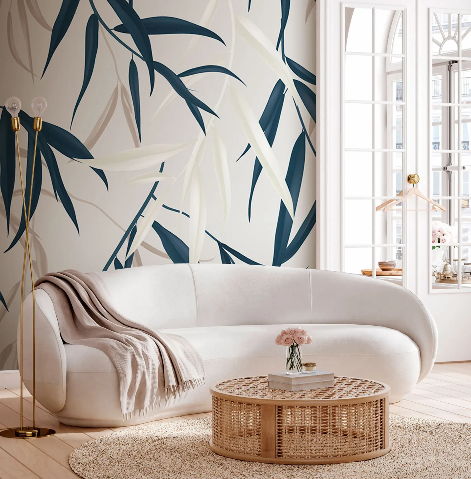 wall murals Цветни узорак, шарени листови плачући врба на светло сивој позадини u97022