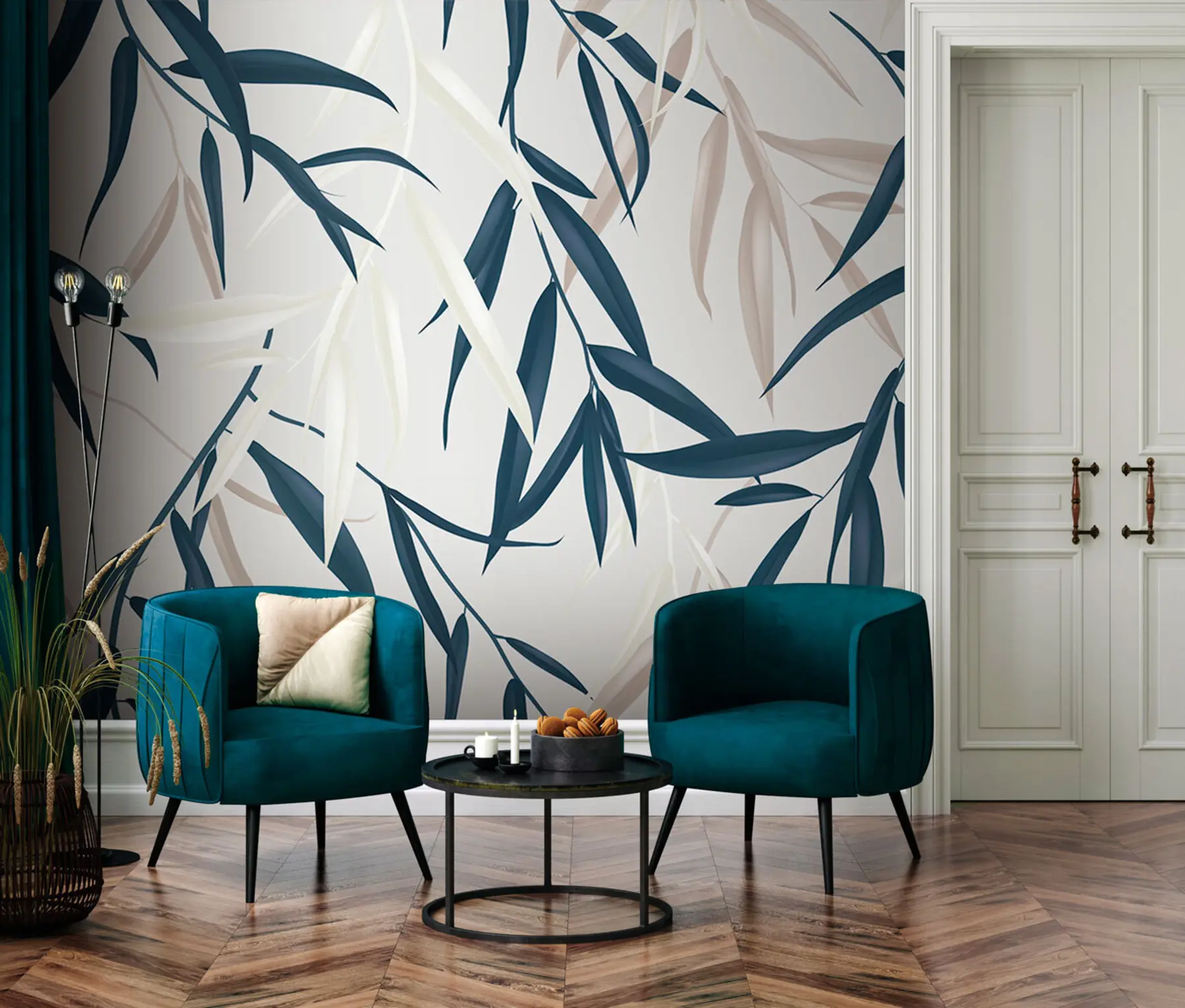 wall murals Цветни узорак, шарени листови плачући врба на светло сивој позадини u97022