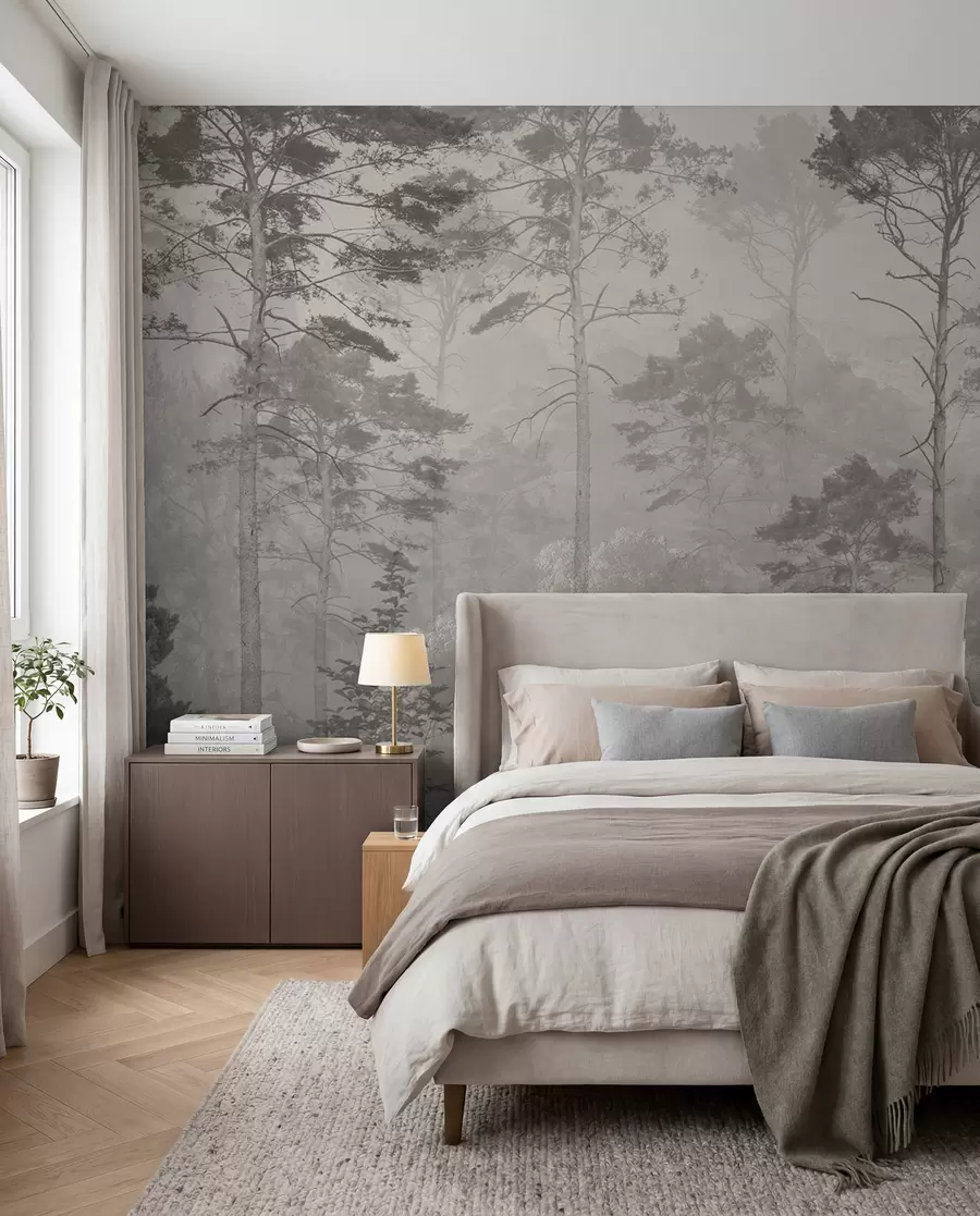 wall murals Висока стабла на брдима, шума у ​​магли u97190