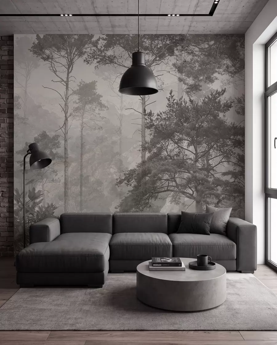 wall murals Висока стабла на брдима, шума у ​​магли u97190