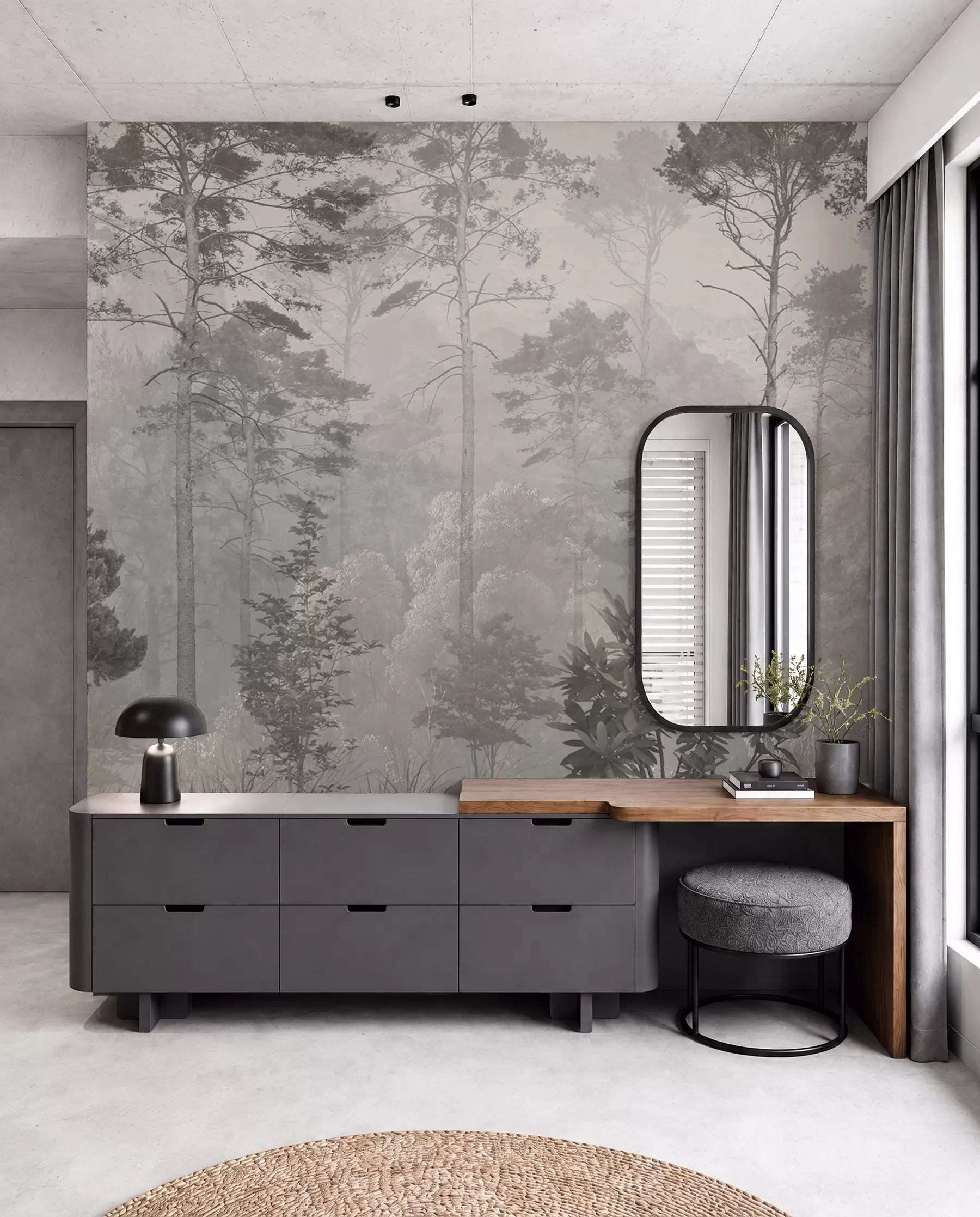 wall murals Висока стабла на брдима, шума у ​​магли u97190